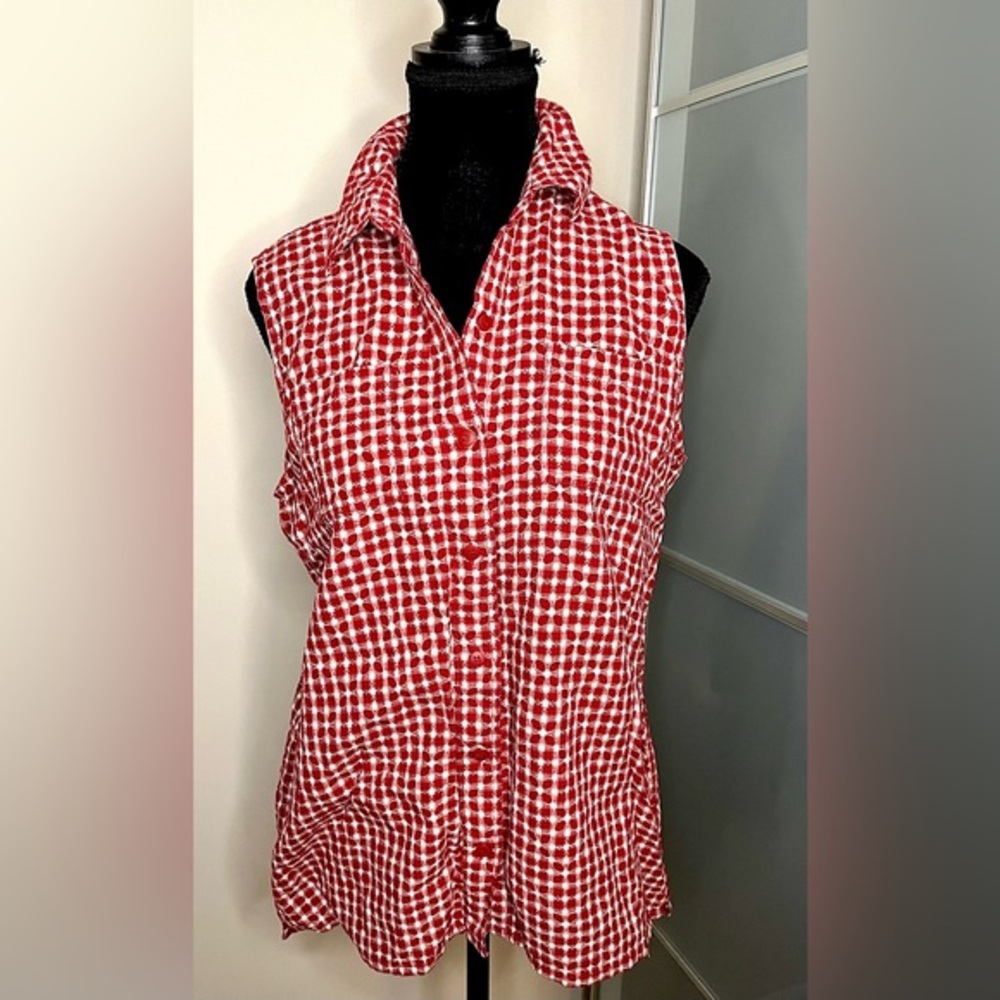 ✅Vintage Northern Reflections floral red&white checker buttonsleeveless shirt❤️🤍